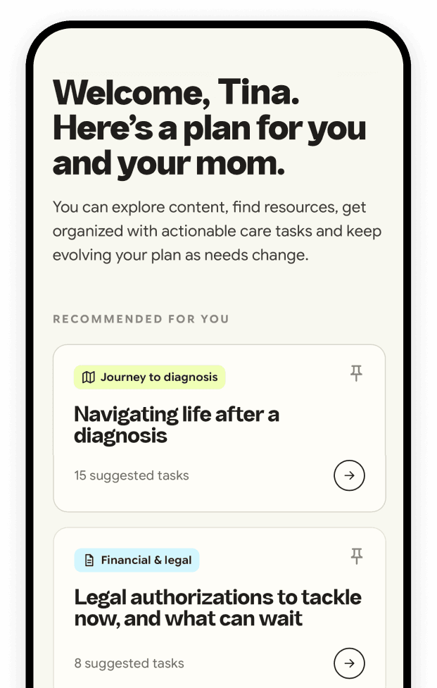 Screens from the Dementia Planner: choosing what you need help with, a personalized care plan, and a task planner