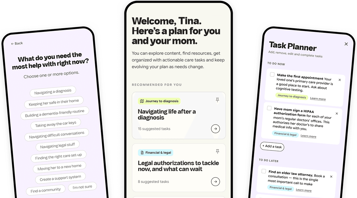 Screens from the Dementia Planner: choosing what you need help with, a personalized care plan, and a task planner